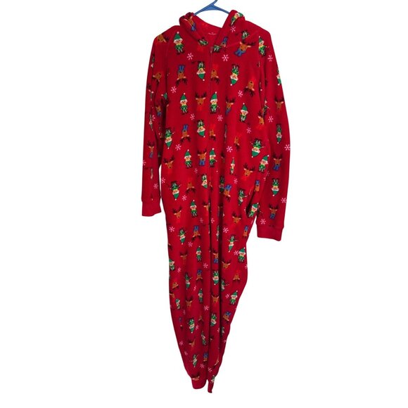 Fleece Hooded Christmas Bodysuit Mens L Red Elf Reindeer Print Family PJs Macys - Picture 1 of 7